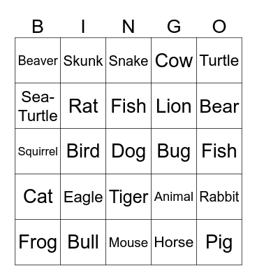 Animals Bingo Card