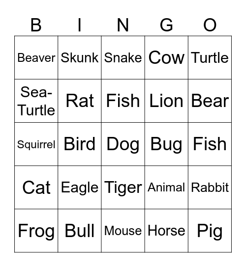 Animals Bingo Card