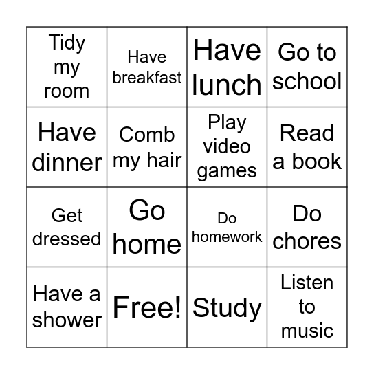 Regular activities Bingo Card