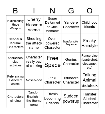 Anime Trope Bingo Card