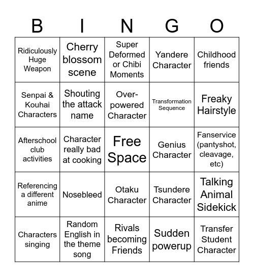 Anime Trope Bingo Card