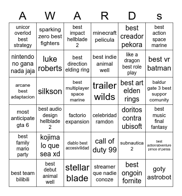 Game Awards 2024 Bingo Card