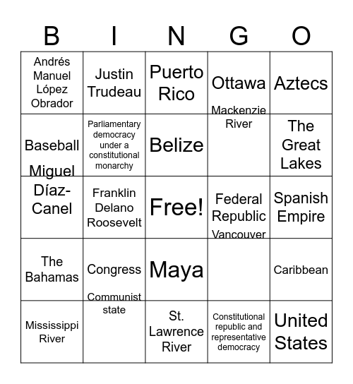 North America Bingo Card