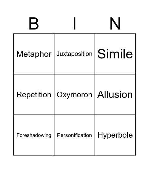 Literary Devices Bingo Card