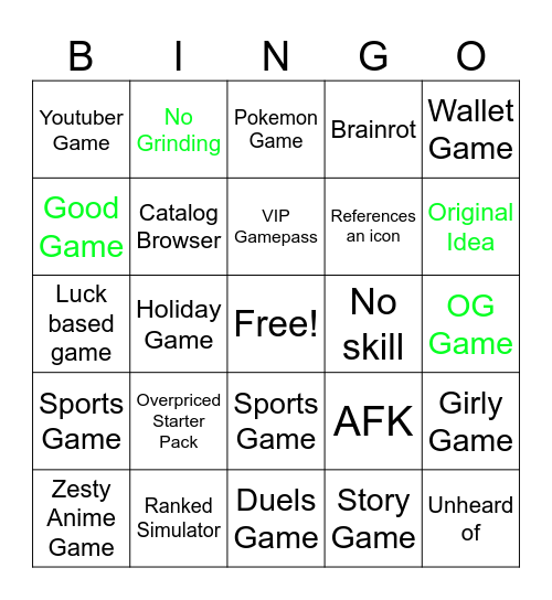 Roblox Bingo Card