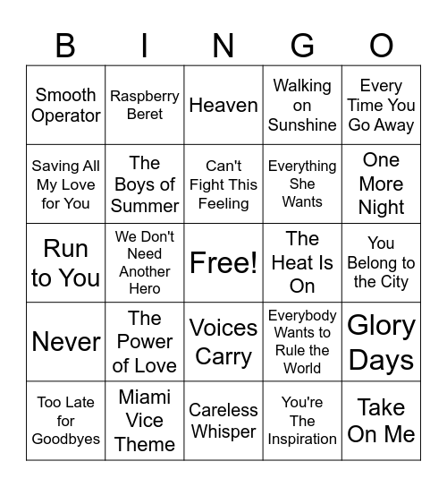 Pop Hits-1985 Bingo Card