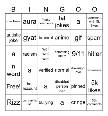 Instagram reels Bingo Card