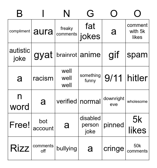 Instagram reels Bingo Card