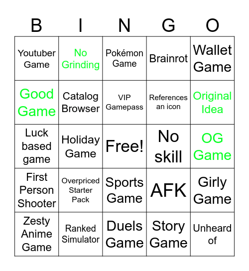 Roblox Bingo Card