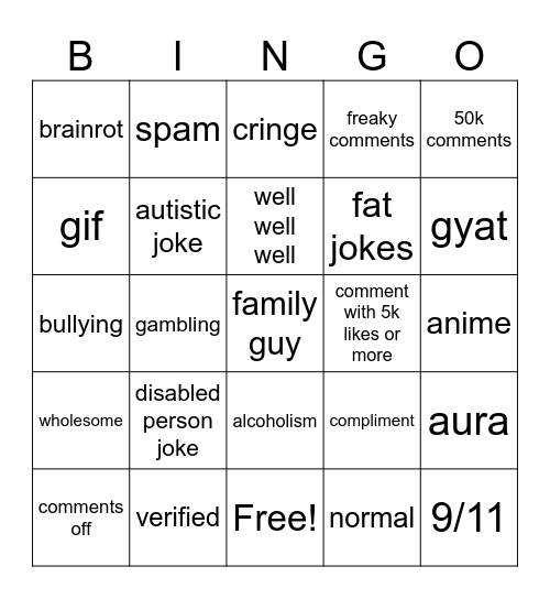 Instagram reels Bingo Card