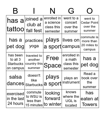 FYS 1010 Icebraker Bingo Card