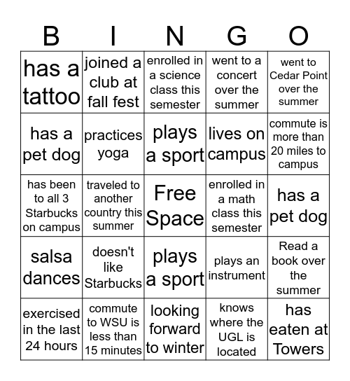 FYS 1010 Icebraker Bingo Card