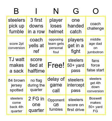 Steelers Bingo Card