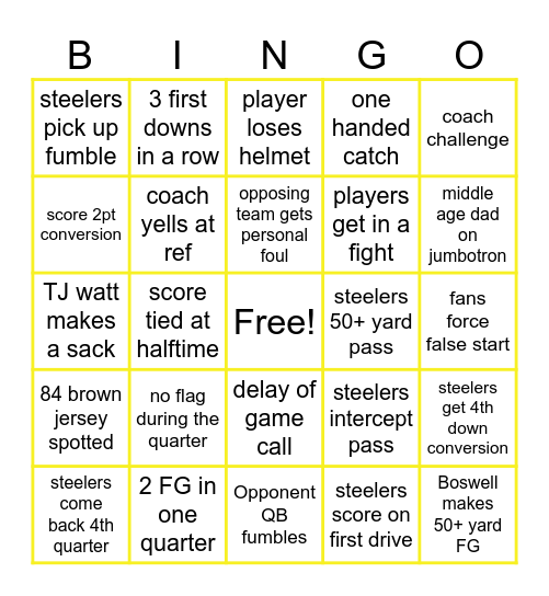 Steelers Bingo Card