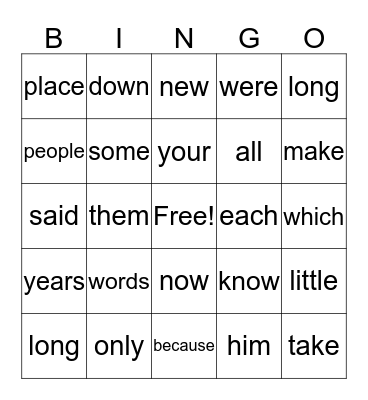 Sight Word Bingo Card