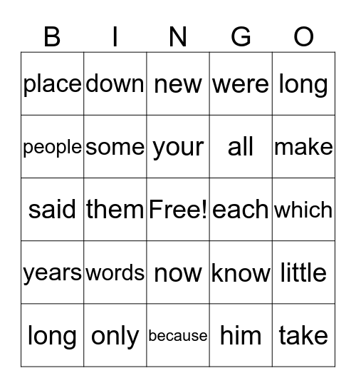 Sight Word Bingo Card