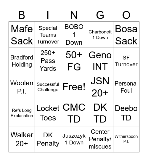 Seahawks vs SF Bingo Card