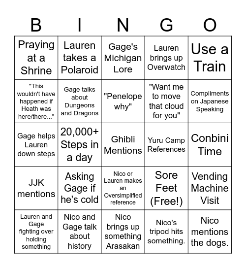 Japan Trip Bingo Card Bingo Card