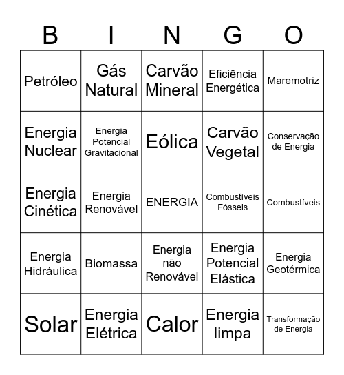 Energia Bingo Card