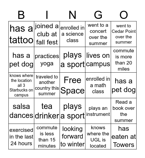 FYS 1010 Icebraker Bingo Card