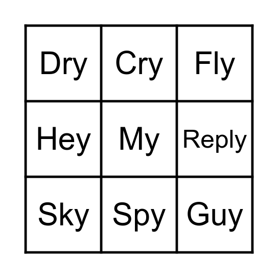 Y like in "sky" words Bingo Card