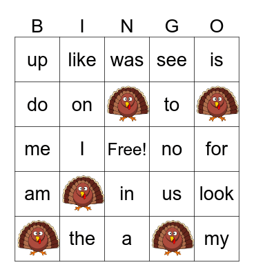 Turkey Bingo! Bingo Card