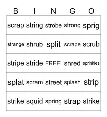3 Letter 'S' Blends Bingo Card