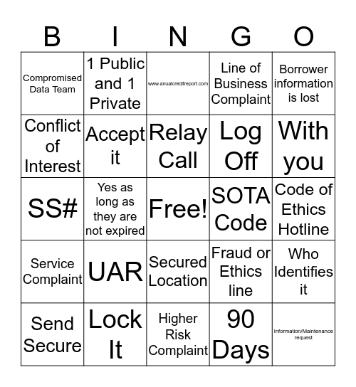 Branch Inspection Week 1 Bingo Card