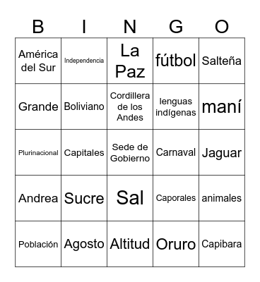 Bolivia Bingo Card