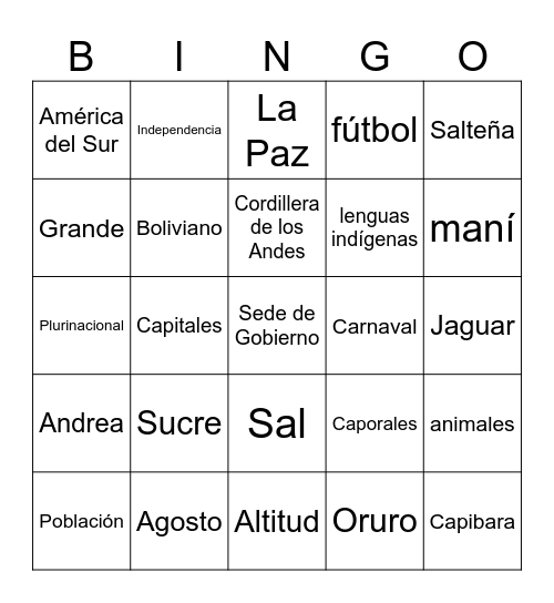 Bolivia Bingo Card