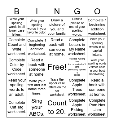 Homework Bingo- Group 2 Bingo Card