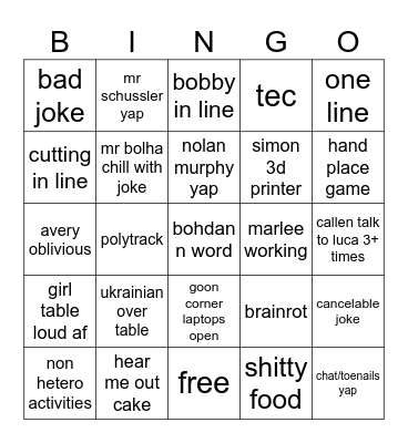 school bingo Card