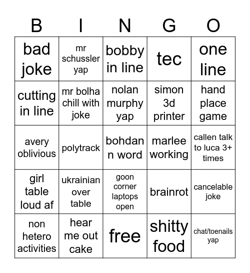 school bingo Card