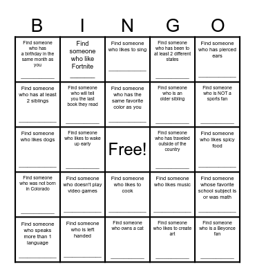 Find a Friend Bingo Card