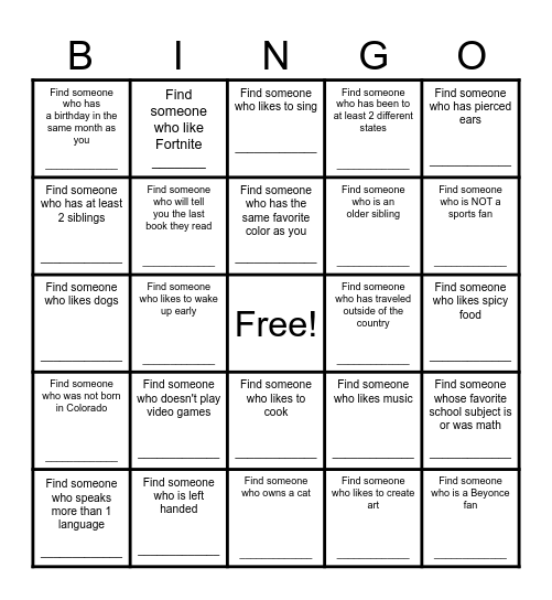 Find a Friend Bingo Card