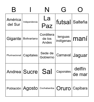 Bolivia Bingo Card