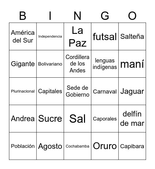 Bolivia Bingo Card