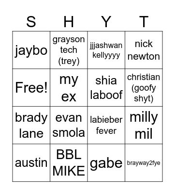 Kenn’s Fine Shyt Roster Bingo Card
