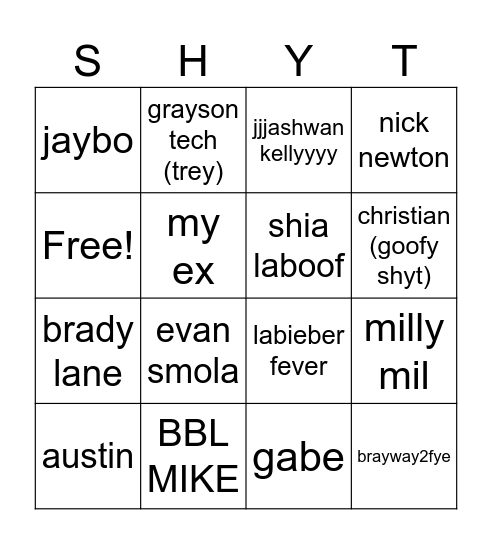 Kenn’s Fine Shyt Roster Bingo Card