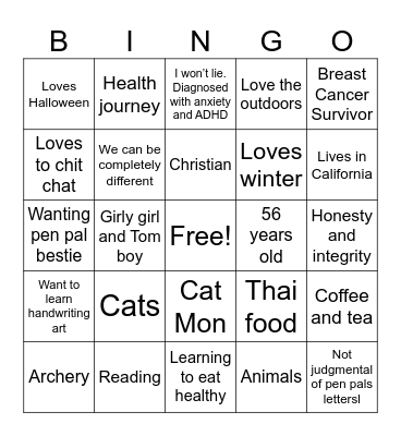 Pen Pal Besties Bingo Card