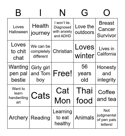 Pen Pal Besties Bingo Card