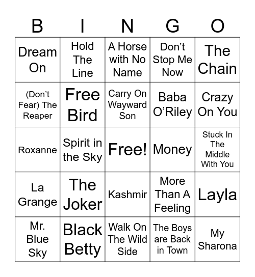 70s Rock Bingo Card