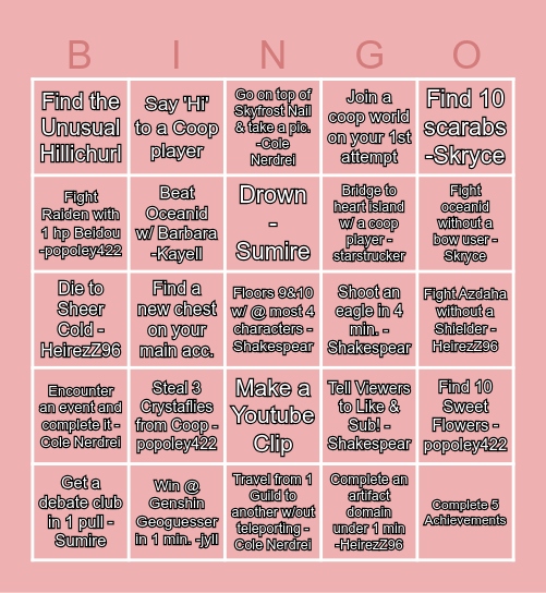 GENSHIN Bingo Card