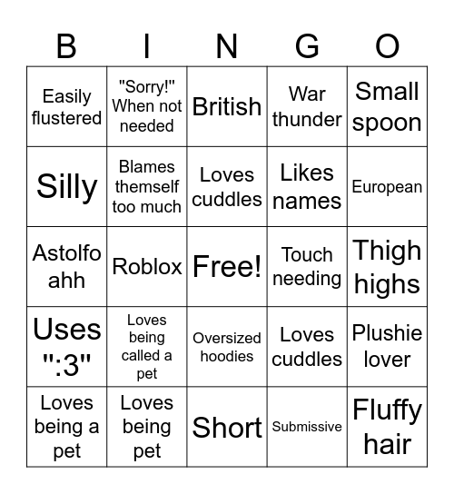 Femboy bingo Card