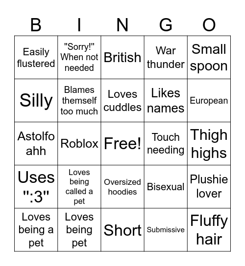 Femboy bingo Card