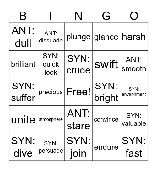 Vocabulary Week 14 Bingo Card