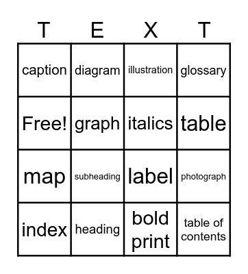 Nonfiction Text Features Bingo Card