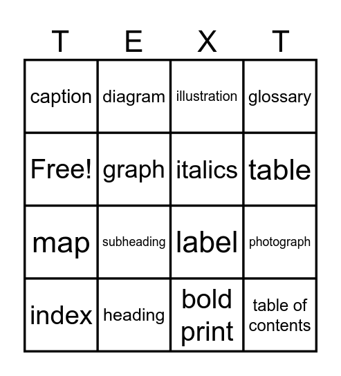 Nonfiction Text Features Bingo Card