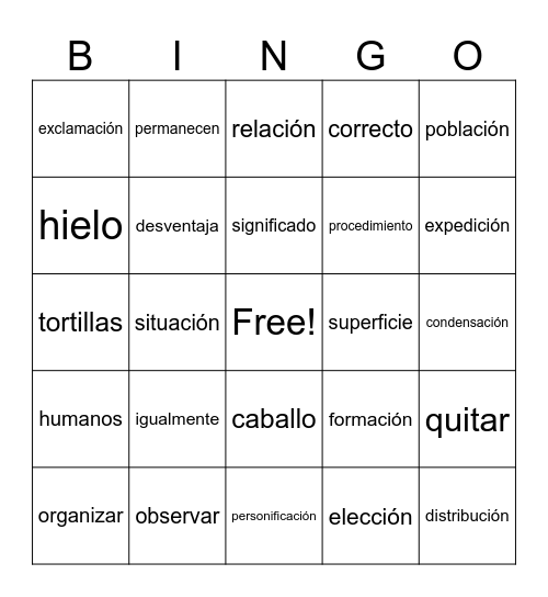 Vocabulario ISIP Bingo Card