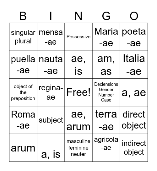 1st Declension Bingo Card